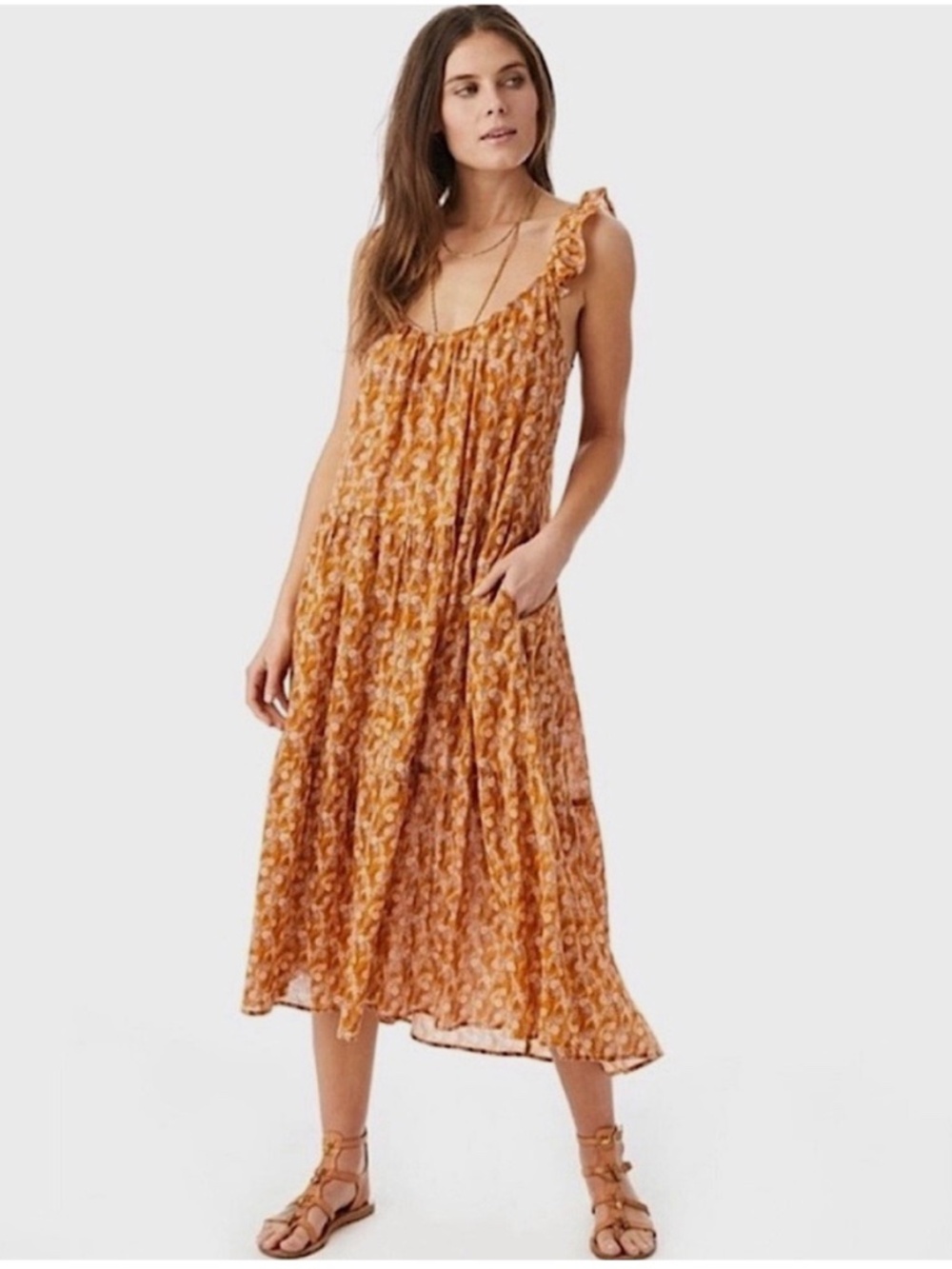 XiRENA Rumer Scoop Neck Flutter Sleeve Tiered Bohemian Midi Dress Size M
